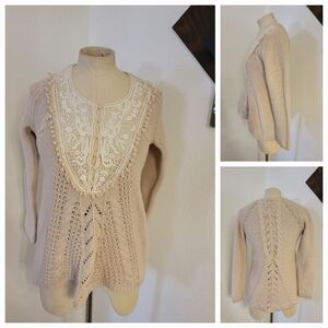 Anthropologie Angel Of The North Sz S Sweater Crochet Lace Mini Pompoms